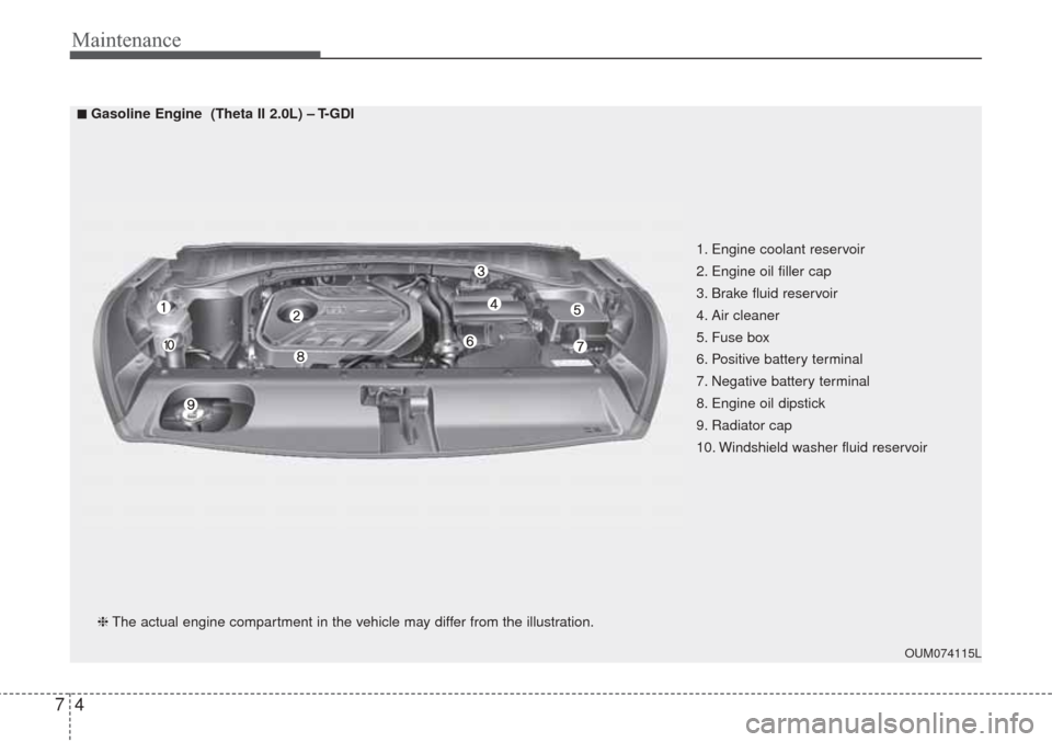 KIA Sorento 2017 3.G Owners Manual Maintenance
47
OUM074115L
■ ■Gasoline Engine (Theta II 2.0L) – T-GDI❈ The actual engine compartment in the vehicle may differ from the illustration. 1. Engine coolant reservoir
2. Engine oil KIA Sorento 2017 3.G Owners Manual Maintenance
47
OUM074115L
■ ■Gasoline Engine (Theta II 2.0L) – T-GDI❈ The actual engine compartment in the vehicle may differ from the illustration. 1. Engine coolant reservoir
2. Engine oil