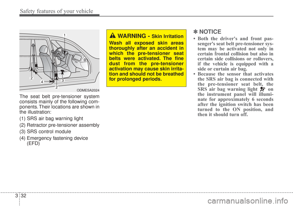 KIA Sorento 2017 3.G Owners Manual Safety features of your vehicle
32
3
The seat belt pre-tensioner system
consists mainly of the following com-
ponents. Their locations are shown in
the illustration:
(1) SRS air bag warning light
(2) 