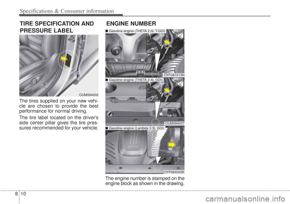 KIA Sorento 2017 3.G Owners Manual 10 8
Specifications & Consumer information
The tires supplied on your new vehi-
cle are chosen to provide the best
performance for normal driving.
The tire label located on the drivers
side center pi