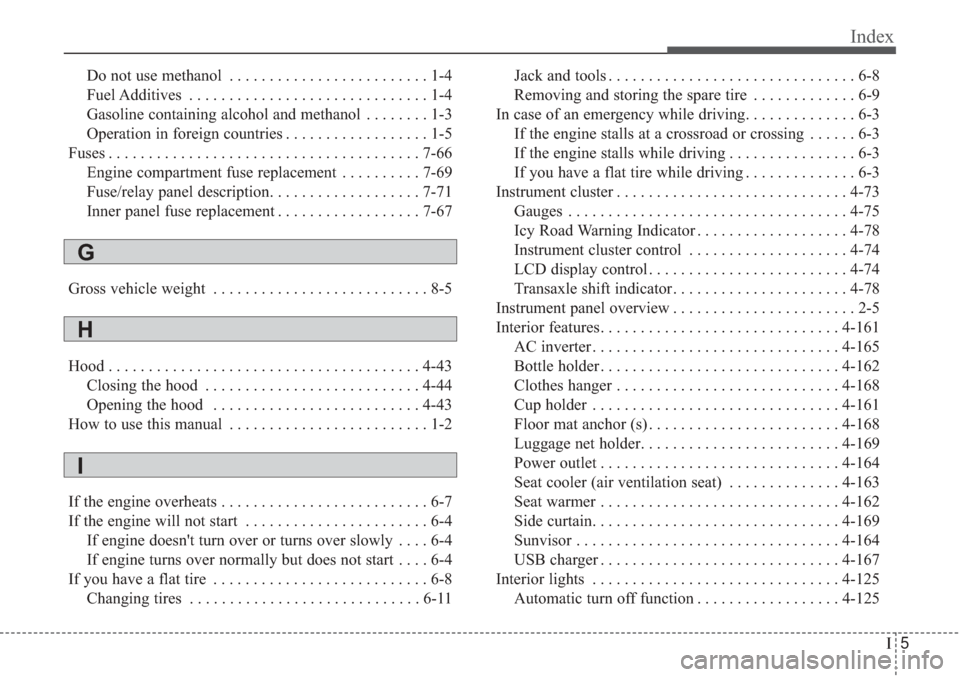 KIA Sorento 2017 3.G Owners Manual I5
Index
Do not use methanol . . . . . . . . . . . . . . . . . . . . . . . . . 1-4
Fuel Additives . . . . . . . . . . . . . . . . . . . . . . . . . . . . . . 1-4
Gasoline containing alcohol and methan