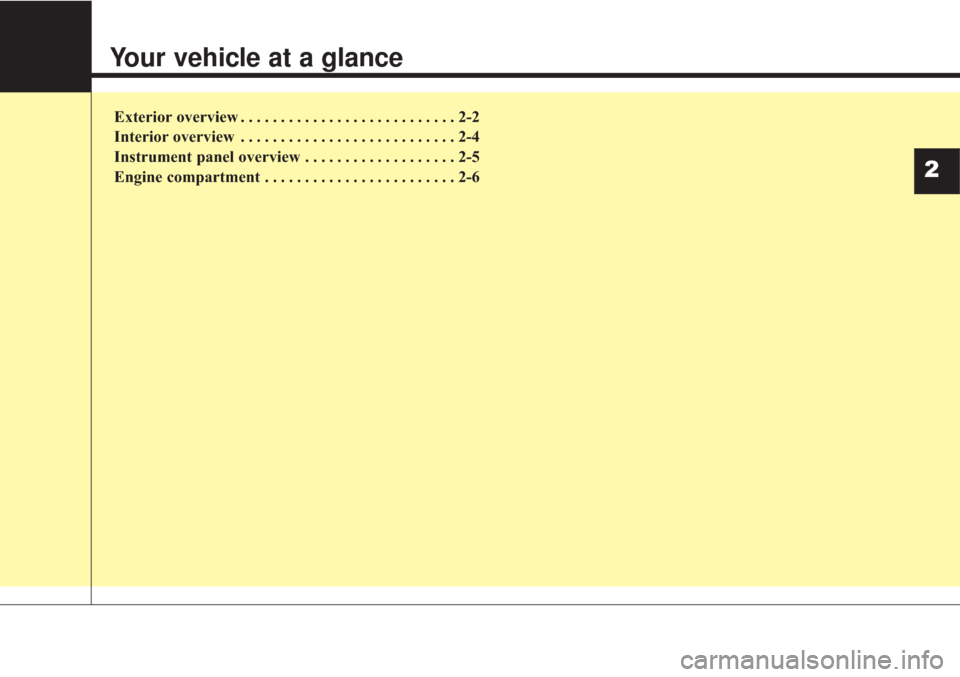 KIA Sorento 2017 3.G Owners Manual Your vehicle at a glance
Exterior overview . . . . . . . . . . . . . . . . . . . . . . . . . . . 2-2
Interior overview . . . . . . . . . . . . . . . . . . . . . . . . . . . 2-4
Instrument panel overvi