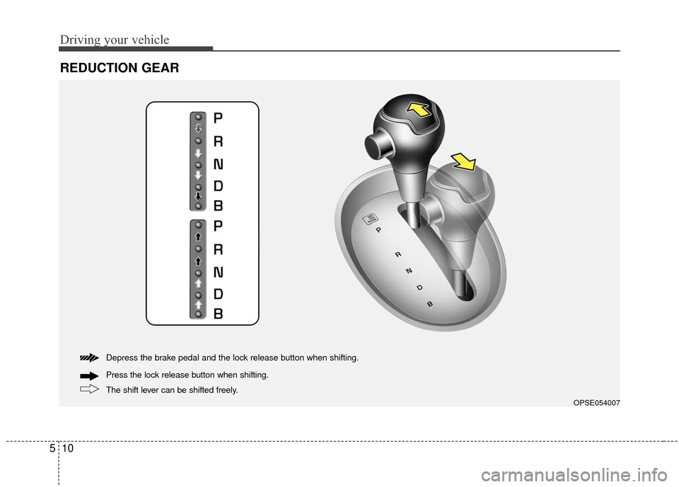 KIA Soul EV 2017 2.G Owners Manual Driving your vehicle
10
5
REDUCTION GEAR
The shift lever can be shifted freely. Press the lock release button when shifting. Depress the brake pedal and the lock release button when shifting.
OPSE0540