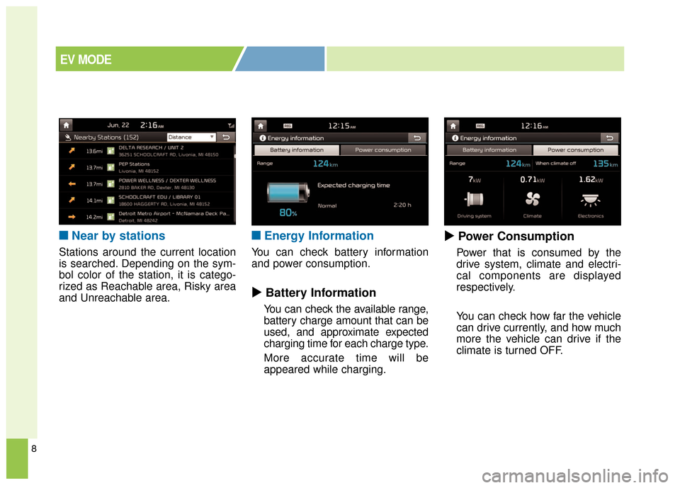 KIA Soul EV 2017 2.G Manual Online 8
■ ■Near by stations
Stations around the current location
is searched. Depending on the sym-
bol color of the station, it is catego-
rized as Reachable area, Risky area
and Unreachable area.
■ 