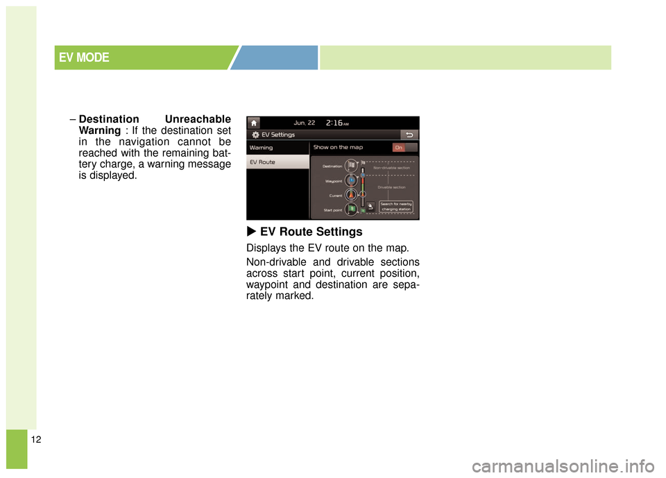KIA Soul EV 2017 2.G Owners Manual 12
–Destination Unreachable
Warning  : If the destination set
in the navigation cannot be
reached with the remaining bat-
tery charge, a warning message
is displayed.
  EV Route Settings
Displays 