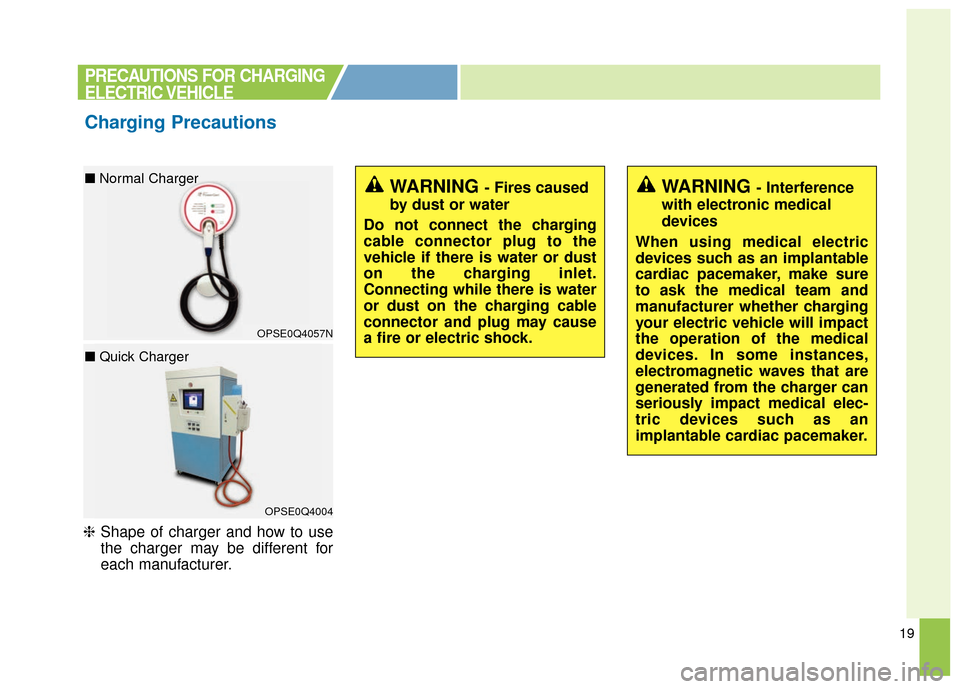 KIA Soul EV 2017 2.G Owners Manual 19
❈Shape of charger and how to use
the charger may be different for
each manufacturer.
PRECAUTIONS FOR CHARGING
ELECTRIC VEHICLE
Charging Precautions
OPSE0Q4057N
■ Normal Charger
OPSE0Q4004
■  