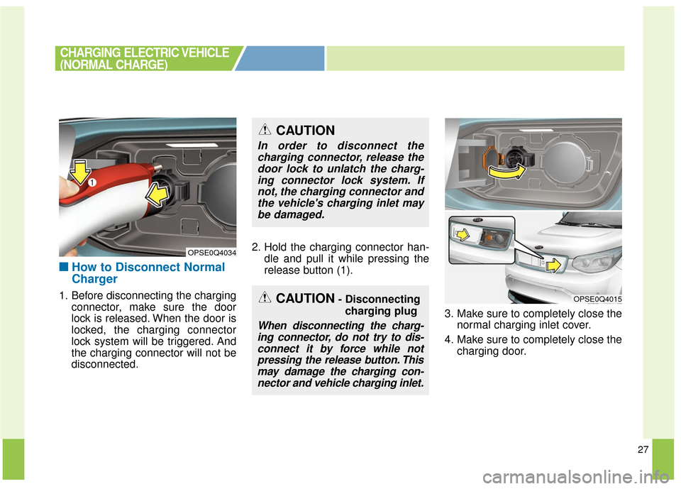 KIA Soul EV 2017 2.G Owners Manual 27
■ ■How to Disconnect Normal
Charger
1. Before disconnecting the charging
connector, make sure the door
lock is released. When the door is
locked, the charging connector
lock system will be trig