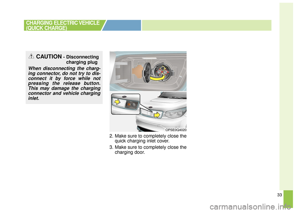 KIA Soul EV 2017 2.G Owners Manual 33
2. Make sure to completely close thequick charging inlet cover.
3. Make sure to completely close the charging door.
CHARGING ELECTRIC VEHICLE
(QUICK CHARGE)
OPSE0Q4020
CAUTION- Disconnecting
chargi