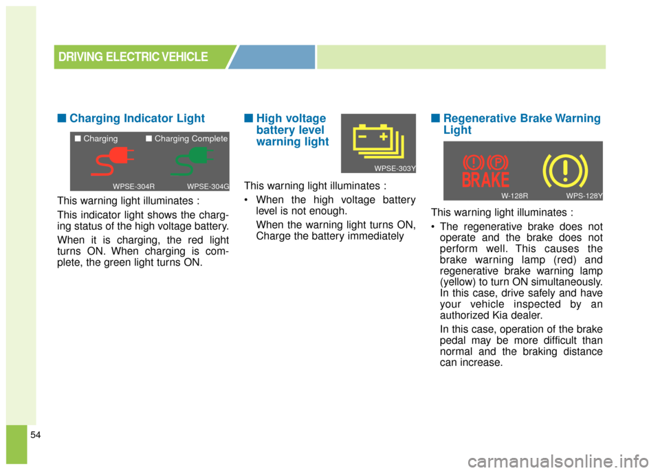 KIA Soul EV 2017 2.G Owners Manual 54
■ ■Charging Indicator Light
This warning light illuminates :
This indicator light shows the charg-
ing status of the high voltage battery.
When it is charging, the red light
turns ON. When char