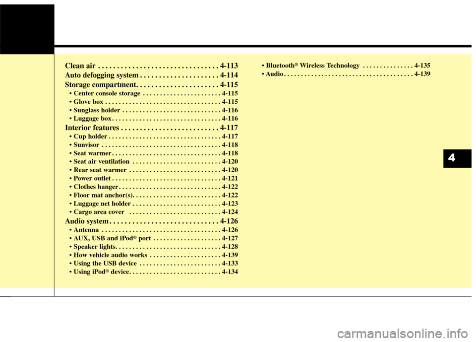 KIA Soul EV 2017 2.G Owners Manual Clean air . . . . . . . . . . . . . . . . . . . . . . . . . . . . . . . . 4-113
Auto defogging system . . . . . . . . . . . . . . . . . . . . . 4-114
Storage compartment. . . . . . . . . . . . . . . .