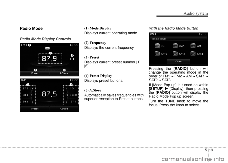 KIA Sportage 2017 QL / 4.G Owners Manual Audio system
519
Radio Mode
Radio Mode Display Controls
(1) Mode Display
Displays current operating mode.
(2) Frequency
Displays the current frequency.
(3) Preset
Displays current preset number [1] ~
