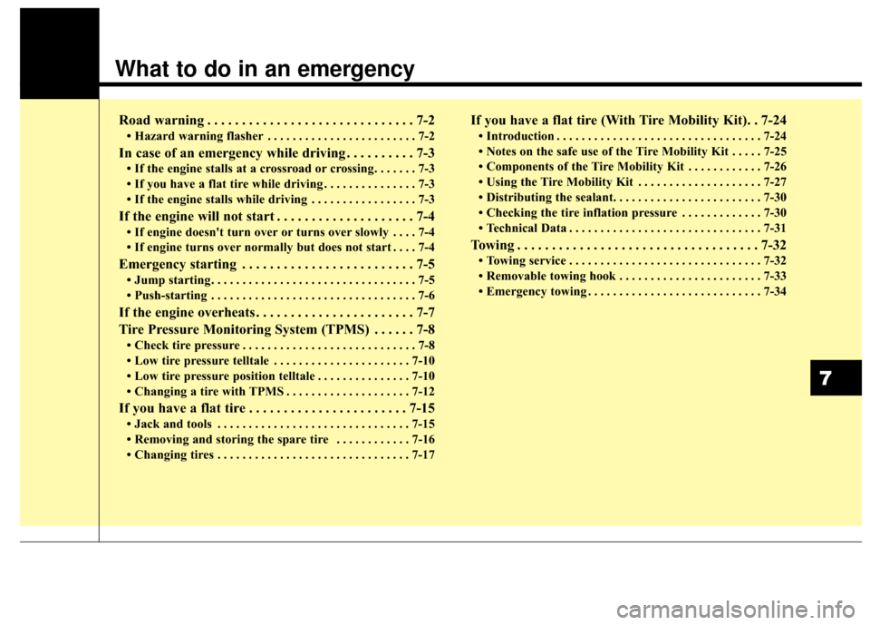 KIA Sportage 2017 QL / 4.G Owners Manual What to do in an emergency
Road warning . . . . . . . . . . . . . . . . . . . . . . . . . . . . . . 7-2
• Hazard warning flasher . . . . . . . . . . . . . . . . . . . . . . . . 7-2
In case of an eme