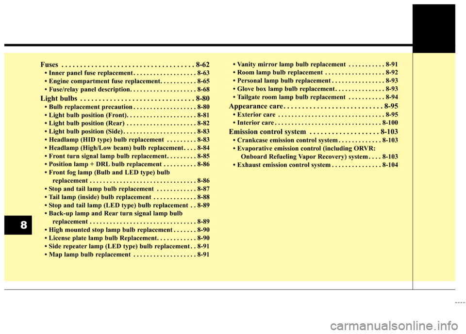 KIA Sportage 2017 QL / 4.G Owners Manual Fuses . . . . . . . . . . . . . . . . . . . . . . . . . . . . . . . . . . . . \
8-62
• Inner panel fuse replacement . . . . . . . . . . . . . . . . . . . 8-63
• Engine compartment fuse replacement