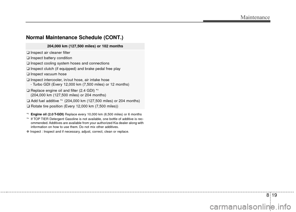 KIA Sportage 2017 QL / 4.G User Guide 819
Maintenance
*3Engine oil (2.0 T-GDI)Replace every 10,000 km (6,500 miles) or 6 months
*4If TOP TIER Detergent Gasoline is not available, one bottle of additive is rec-
ommended. Additives are avai