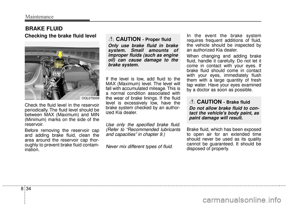 KIA Sportage 2017 QL / 4.G Owners Manual Maintenance
34
8
BRAKE FLUID 
Checking the brake fluid level  
Check the fluid level in the reservoir
periodically. The fluid level should be
between MAX (Maximum) and MIN
(Minimum) marks on the side 