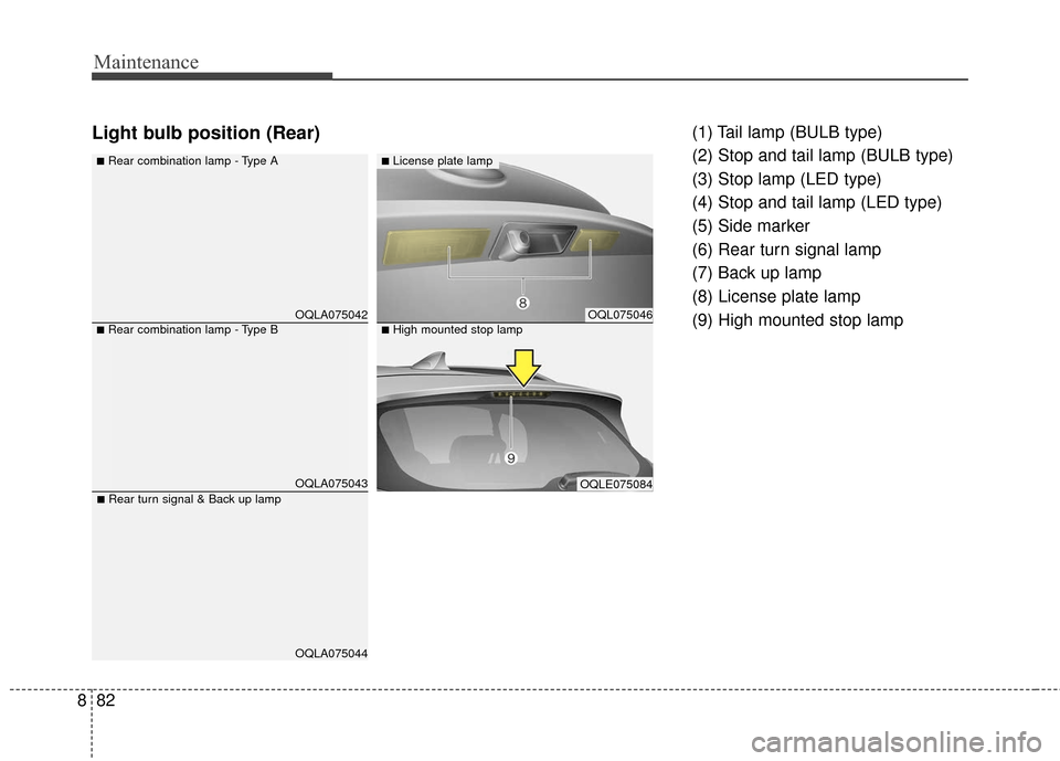 KIA Sportage 2017 QL / 4.G Owners Manual Maintenance
82
8
Light bulb position (Rear)(1) Tail lamp (BULB type)
(2) Stop and tail lamp (BULB type)
(3) Stop lamp (LED type)
(4) Stop and tail lamp (LED type)
(5) Side marker
(6) Rear turn signal 