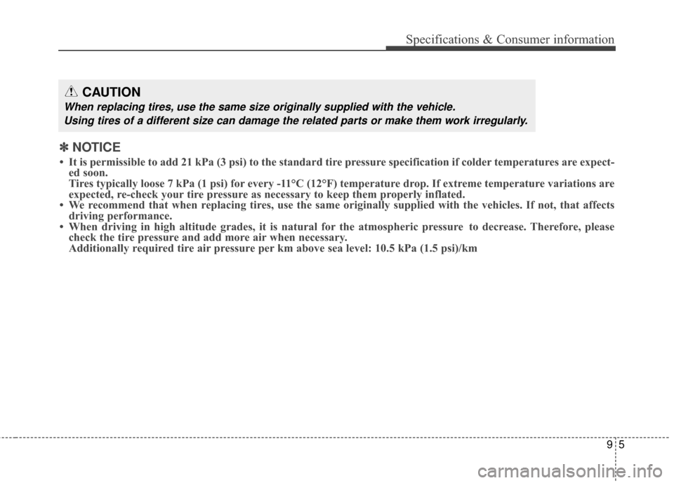 KIA Sportage 2017 QL / 4.G Service Manual 95
Specifications & Consumer information
CAUTION
When replacing tires, use the same size originally supplied with the vehicle.Using tires of a different size can damage the related parts or make them 