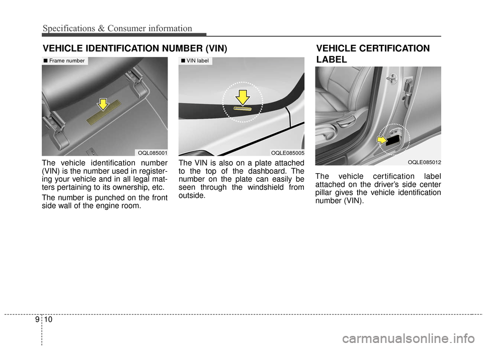 KIA Sportage 2017 QL / 4.G Owners Manual 10
9
Specifications & Consumer information
VEHICLE IDENTIFICATION NUMBER (VIN)
The vehicle identification number
(VIN) is the number used in register-
ing your vehicle and in all legal mat-
ters perta