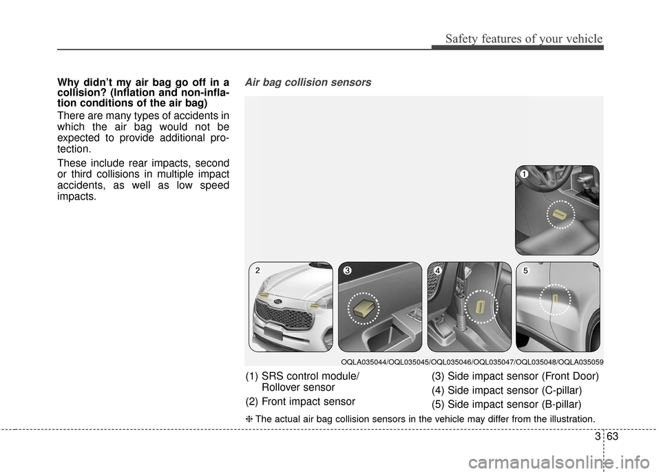 KIA Sportage 2017 QL / 4.G Owners Manual 363
Safety features of your vehicle
Why didn’t my air bag go off in a
collision? (Inflation and non-infla-
tion conditions of the air bag)
There are many types of accidents in
which the air bag woul