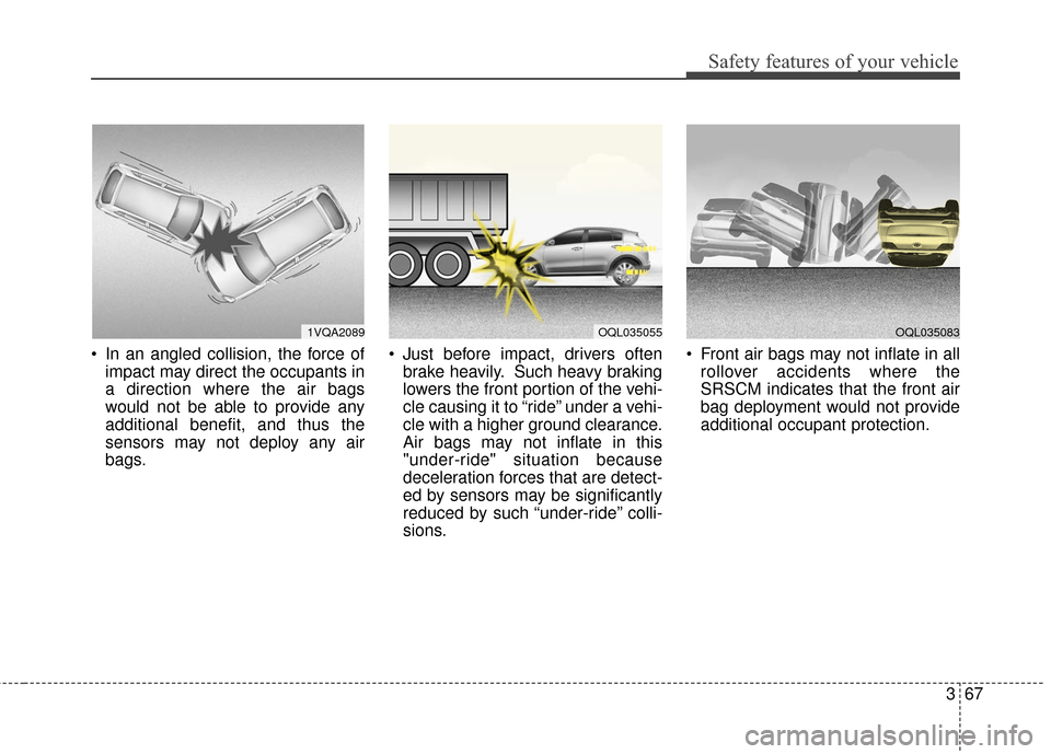 KIA Sportage 2017 QL / 4.G Owners Manual 367
Safety features of your vehicle
 In an angled collision, the force ofimpact may direct the occupants in
a direction where the air bags
would not be able to provide any
additional benefit, and thus