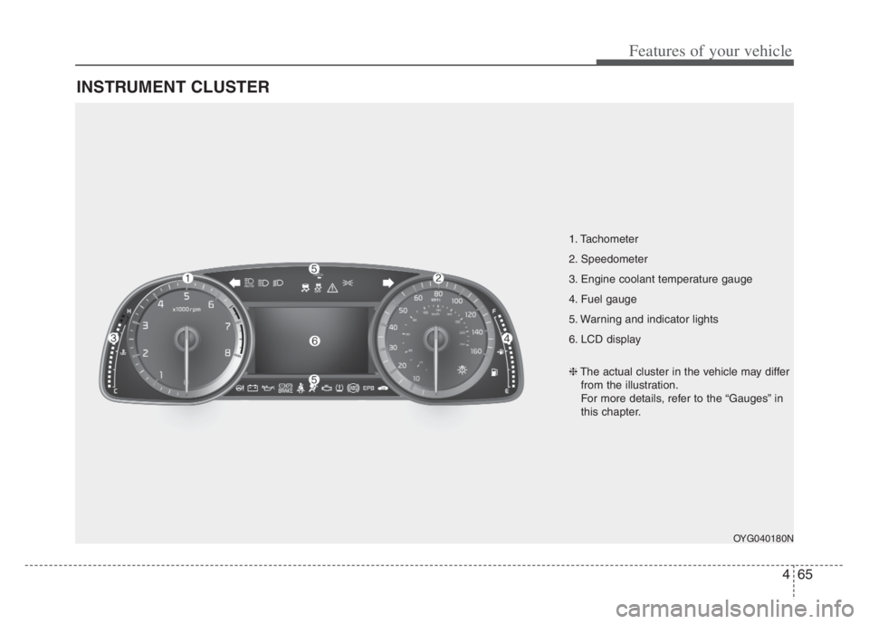 KIA CADENZA 2020 Owners Manual 465
Features of your vehicle
INSTRUMENT CLUSTER
1. Tachometer
2. Speedometer
3. Engine coolant temperature gauge
4. Fuel gauge
5. Warning and indicator lights
6. LCD display
OYG040180N
❈The actual KIA CADENZA 2020 Owners Manual 465
Features of your vehicle
INSTRUMENT CLUSTER
1. Tachometer
2. Speedometer
3. Engine coolant temperature gauge
4. Fuel gauge
5. Warning and indicator lights
6. LCD display
OYG040180N
❈The actual