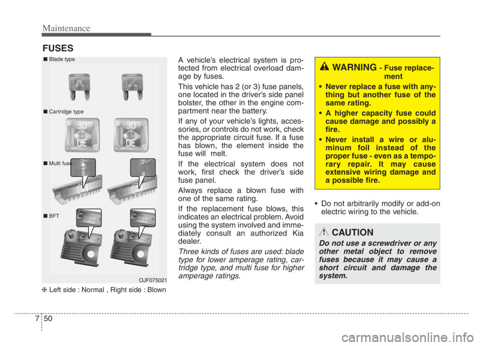 KIA CADENZA 2020  Owners Manual Maintenance
50 7
FUSES
❈Left side : Normal , Right side : Blown
A vehicle’s electrical system is pro-
tected from electrical overload dam-
age by fuses.
This vehicle has 2 (or 3) fuse panels,
one 