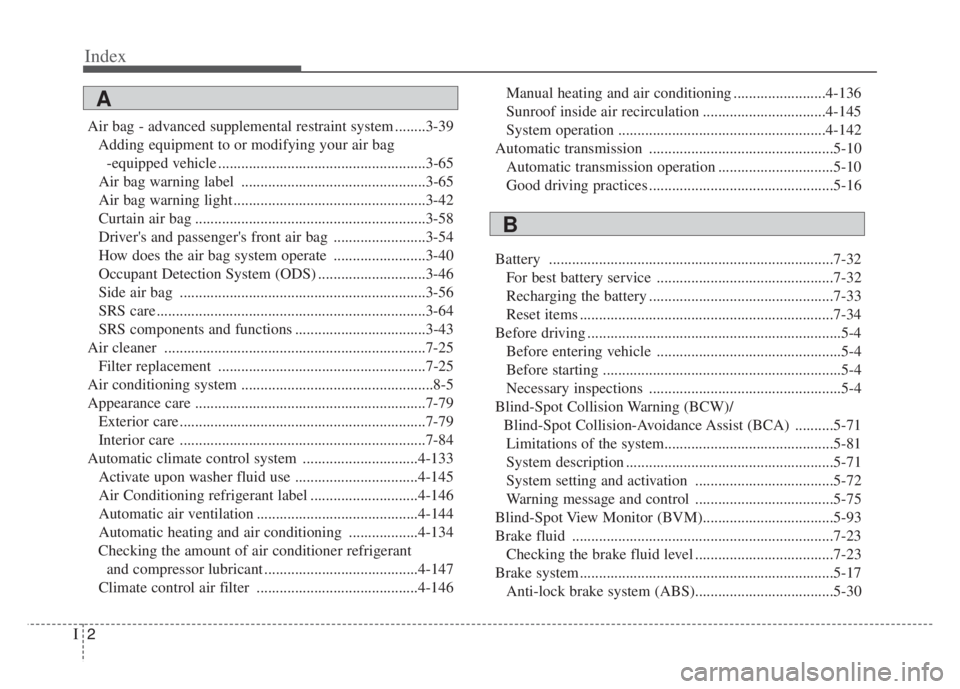 KIA CADENZA 2020  Owners Manual Index
2I
Air bag - advanced supplemental restraint system ........3-39
Adding equipment to or modifying your air bag
-equipped vehicle ......................................................3-65
Air ba