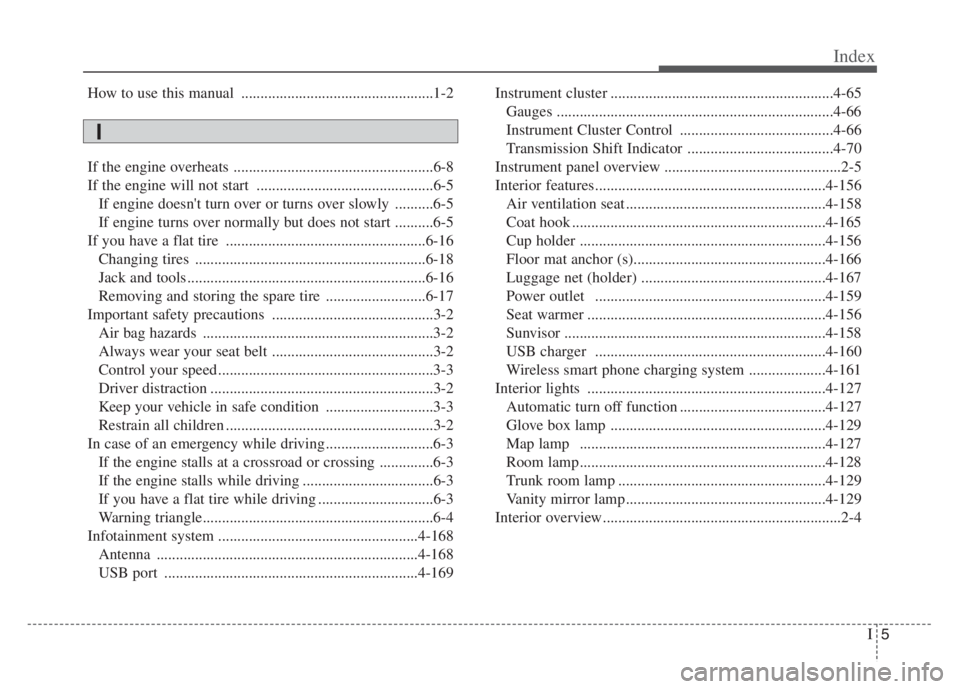 KIA CADENZA 2020  Owners Manual I5
Index
How to use this manual ..................................................1-2
If the engine overheats ....................................................6-8
If the engine will not start .....