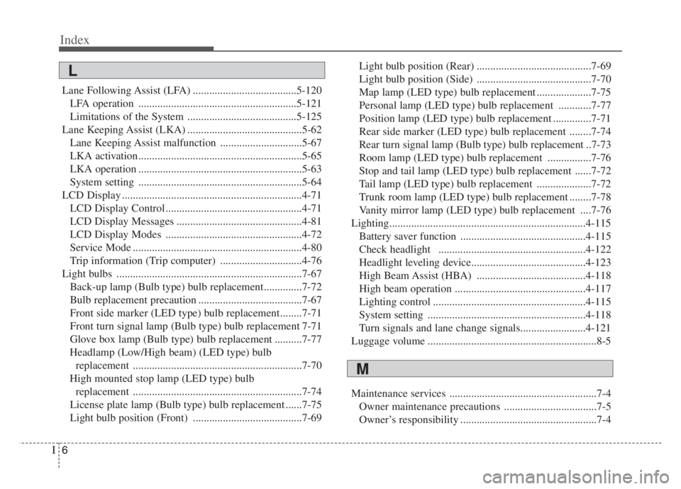 KIA CADENZA 2020  Owners Manual Index
6I
Lane Following Assist (LFA) ......................................5-120
LFA operation ..........................................................5-121
Limitations of the System ...............