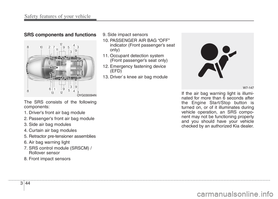 KIA CADENZA 2020 Workshop Manual Safety features of your vehicle
44 3
SRS components and functions
The SRS consists of the following
components:
1. Drivers front air bag module
2. Passengers front air bag module
3. Side air bag mod