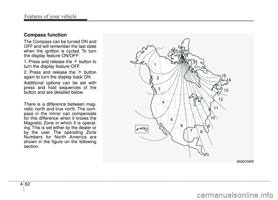 KIA CADENZA 2019 Owners Manual Features of your vehicle
62
4
Compass function
The Compass can be turned ON and
OFF and will remember the last state
when the ignition is cycled. To turn
the display feature ON/OFF:
1. Press and relea KIA CADENZA 2019 Owners Manual Features of your vehicle
62
4
Compass function
The Compass can be turned ON and
OFF and will remember the last state
when the ignition is cycled. To turn
the display feature ON/OFF:
1. Press and relea