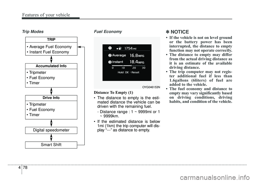 KIA CADENZA 2019 Owners Manual Features of your vehicle
78
4
Trip Modes Fuel Economy
Distance To Empty (1)
The distance to empty is the esti-
mated distance the vehicle can be
driven with the remaining fuel.
- Distance range : 1 KIA CADENZA 2019 Owners Manual Features of your vehicle
78
4
Trip Modes Fuel Economy
Distance To Empty (1)
The distance to empty is the esti-
mated distance the vehicle can be
driven with the remaining fuel.
- Distance range : 1