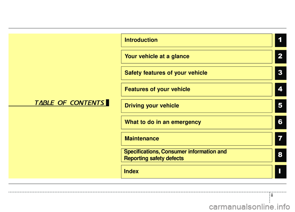 KIA CADENZA 2019  Owners Manual ii
1
2
3
4
5
6
7
8I
Introduction
Your vehicle at a glance
Safety features of your vehicle
Features of your vehicle
Driving your vehicle
What to do in an emergency
Maintenance
Specifications, Consumer 