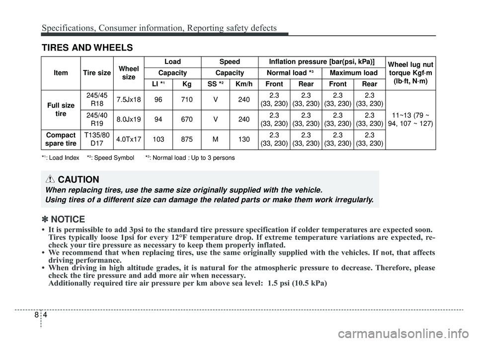 KIA CADENZA 2019 Owners Manual Specifications, Consumer information, Reporting safety defects
48
TIRES AND WHEELS
*1: Load Index *2: Speed Symbol *3: Normal load : Up to 3 persons
CAUTION
When replacing tires, use the same size ori KIA CADENZA 2019 Owners Manual Specifications, Consumer information, Reporting safety defects
48
TIRES AND WHEELS
*1: Load Index *2: Speed Symbol *3: Normal load : Up to 3 persons
CAUTION
When replacing tires, use the same size ori