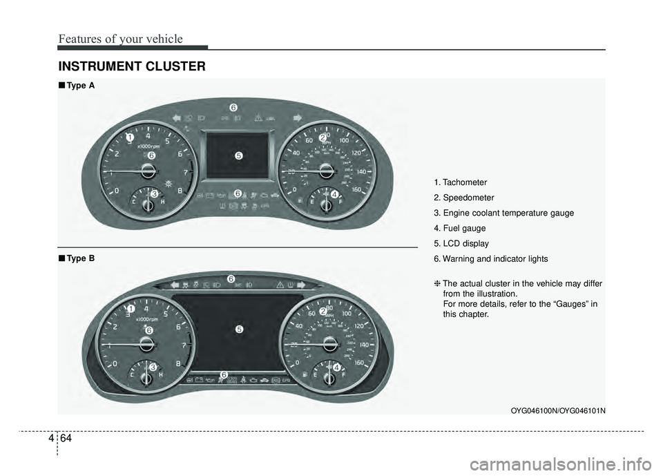 KIA CADENZA 2018  Owners Manual Features of your vehicle
64
4
INSTRUMENT CLUSTER
1. Tachometer 
2. Speedometer
3. Engine coolant temperature gauge
4. Fuel gauge
5. LCD display
6. Warning and indicator lights
OYG046100N/OYG046101N
