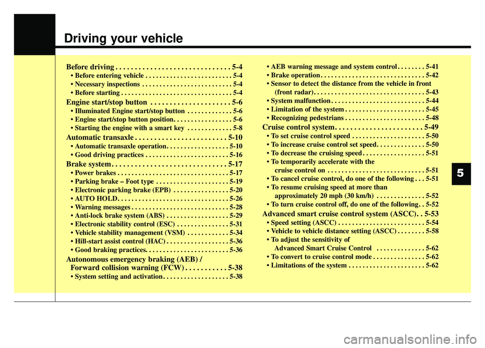 KIA CADENZA 2018 Owners Manual Driving your vehicle
Before driving . . . . . . . . . . . . . . . . . . . . . . . . . . . . . . 5-4
• Before entering vehicle . . . . . . . . . . . . . . . . . . . . . . . . . 5-4
. . . . . . . . . KIA CADENZA 2018 Owners Manual Driving your vehicle
Before driving . . . . . . . . . . . . . . . . . . . . . . . . . . . . . . 5-4
• Before entering vehicle . . . . . . . . . . . . . . . . . . . . . . . . . 5-4
. . . . . . . . .