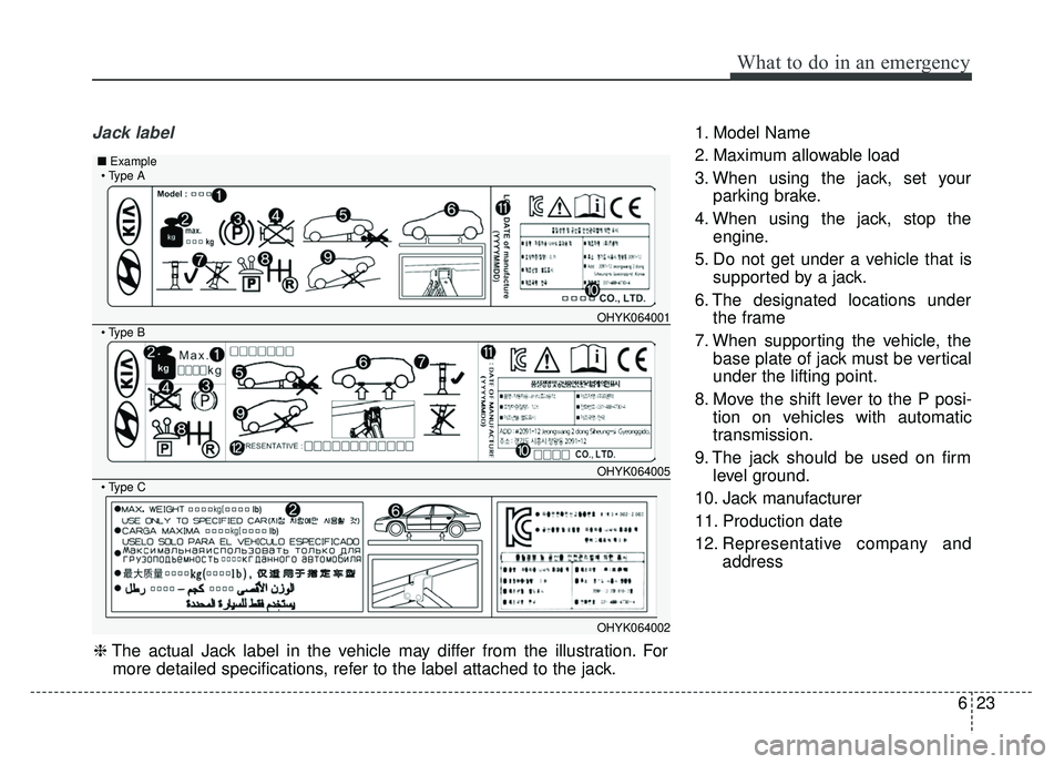 KIA CADENZA 2018 Owners Manual 623
What to do in an emergency
Jack label1. Model Name
2. Maximum allowable load
3. When using the jack, set yourparking brake.
4. When using the jack, stop the engine.
5. Do not get under a vehicle t KIA CADENZA 2018 Owners Manual 623
What to do in an emergency
Jack label1. Model Name
2. Maximum allowable load
3. When using the jack, set yourparking brake.
4. When using the jack, stop the engine.
5. Do not get under a vehicle t