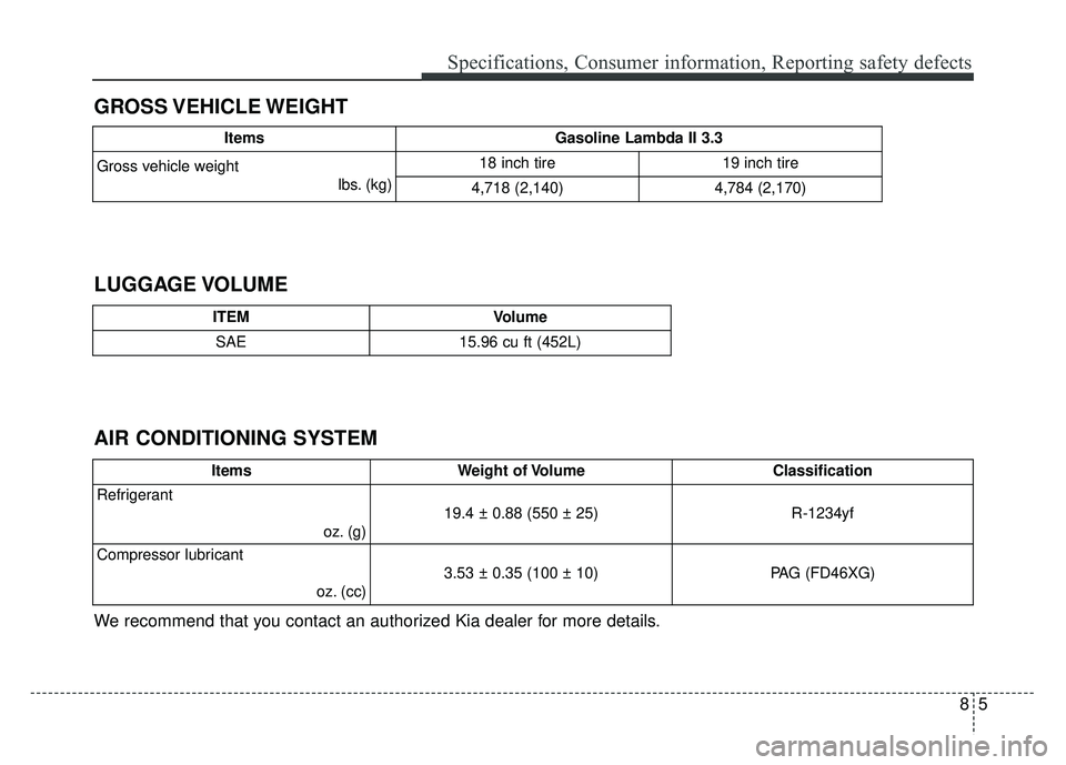 KIA CADENZA 2018 Owners Manual 85
Specifications, Consumer information, Reporting safety defects
GROSS VEHICLE WEIGHT
AIR CONDITIONING SYSTEM LUGGAGE VOLUME
We recommend that you contact an authorized Kia dealer for more details.
I KIA CADENZA 2018 Owners Manual 85
Specifications, Consumer information, Reporting safety defects
GROSS VEHICLE WEIGHT
AIR CONDITIONING SYSTEM LUGGAGE VOLUME
We recommend that you contact an authorized Kia dealer for more details.
I
