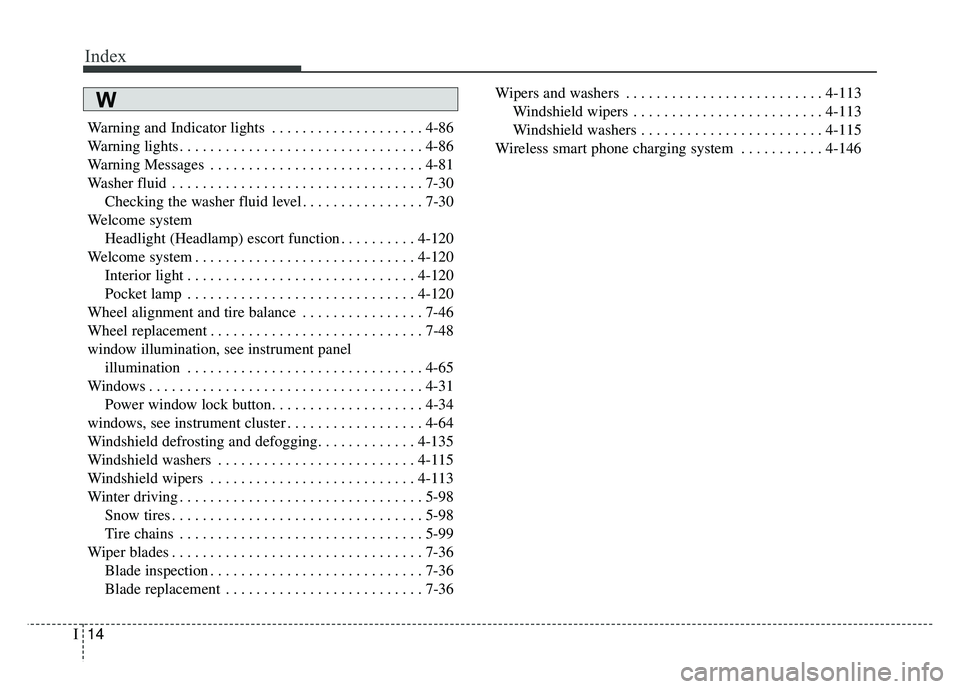 KIA CADENZA 2018  Owners Manual Index
14I
Warning and Indicator lights . . . . . . . . . . . . . . . . . . . . 4-86
Warning lights . . . . . . . . . . . . . . . . . . . . . . . . . . . . . . . . 4-86
Warning Messages . . . . . . . .