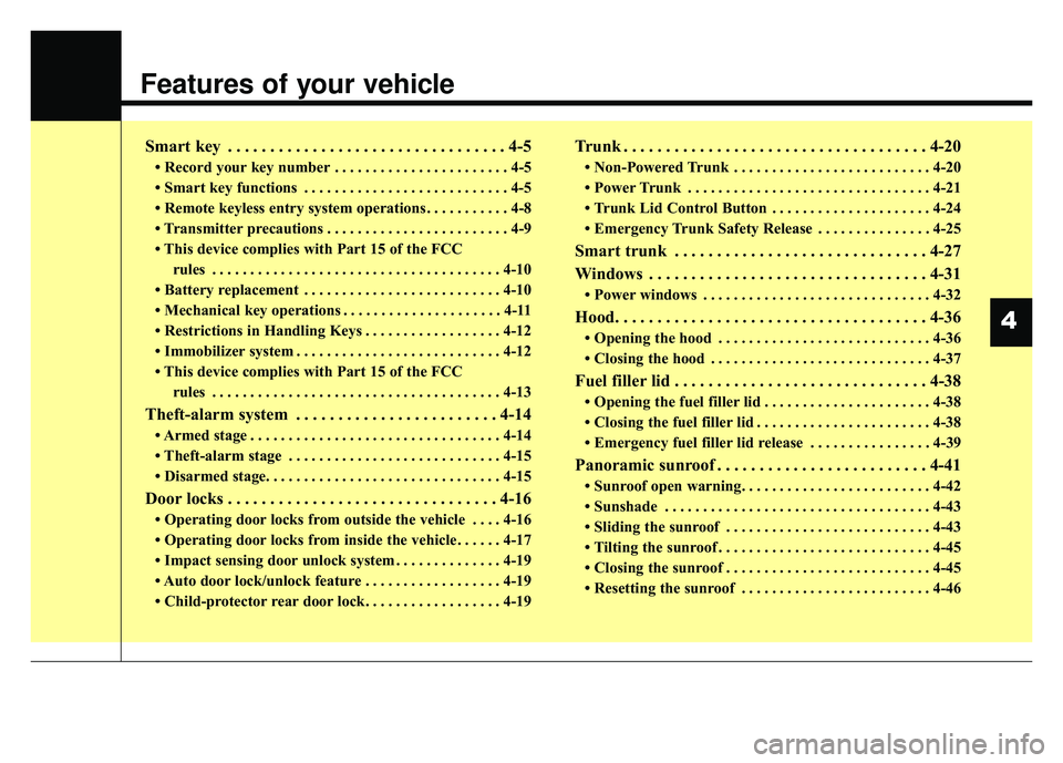 KIA CADENZA 2018  Owners Manual Features of your vehicle
Smart key . . . . . . . . . . . . . . . . . . . . . . . . . . . . . . . . . 4-5
• Record your key number . . . . . . . . . . . . . . . . . . . . . . . 4-5
• Smart key func