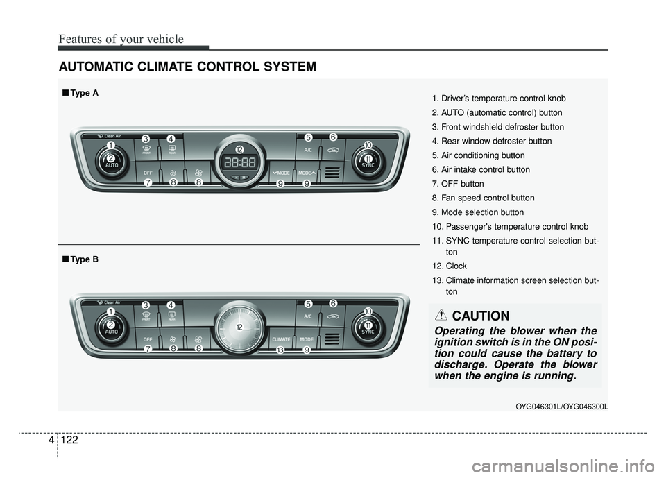 KIA CADENZA 2017  Owners Manual Features of your vehicle
122
4
AUTOMATIC CLIMATE CONTROL SYSTEM
OYG046301L/OYG046300L
1. Driver’s temperature control knob
2. AUTO (automatic control) button
3. Front windshield defroster button
4. 