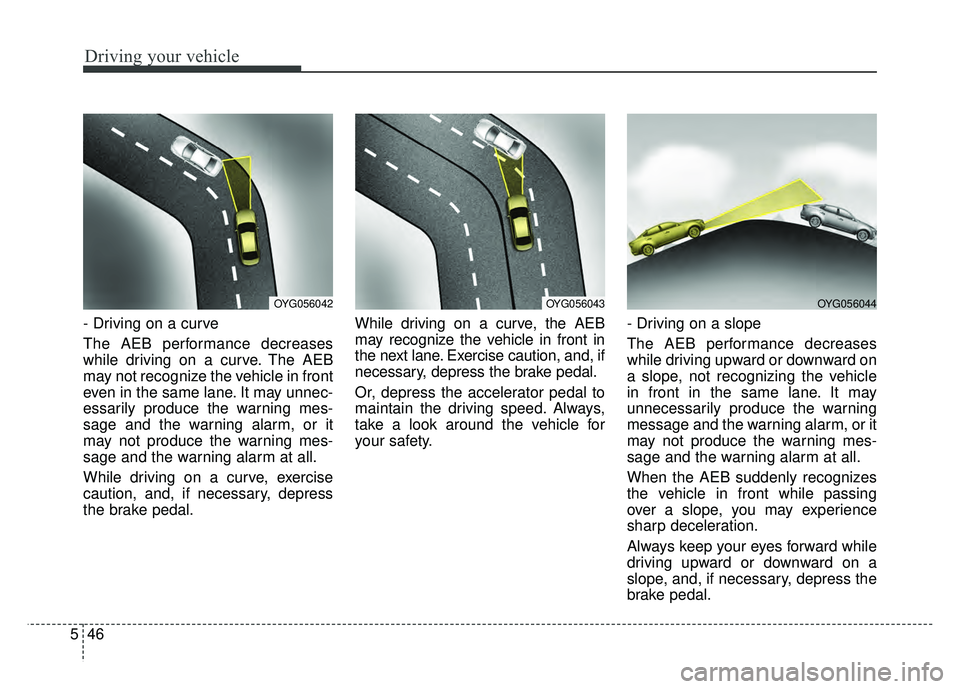 KIA CADENZA 2017  Owners Manual Driving your vehicle
46
5
- Driving on a curve
The AEB performance decreases
while driving on a curve. The AEB
may not recognize the vehicle in front
even in the same lane. It may unnec-
essarily prod