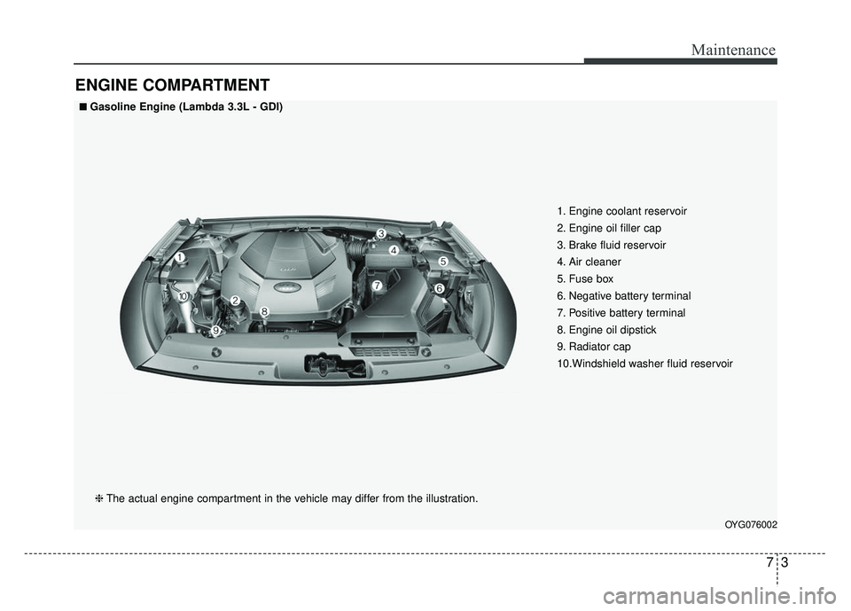 KIA CADENZA 2017 Owners Manual 73
Maintenance
ENGINE COMPARTMENT
OYG076002
■
■Gasoline Engine (Lambda 3.3L - GDI)❈ The actual engine compartment in the vehicle may differ from the illustration. 1. Engine coolant reservoir
2. KIA CADENZA 2017 Owners Manual 73
Maintenance
ENGINE COMPARTMENT
OYG076002
■
■Gasoline Engine (Lambda 3.3L - GDI)❈ The actual engine compartment in the vehicle may differ from the illustration. 1. Engine coolant reservoir
2.