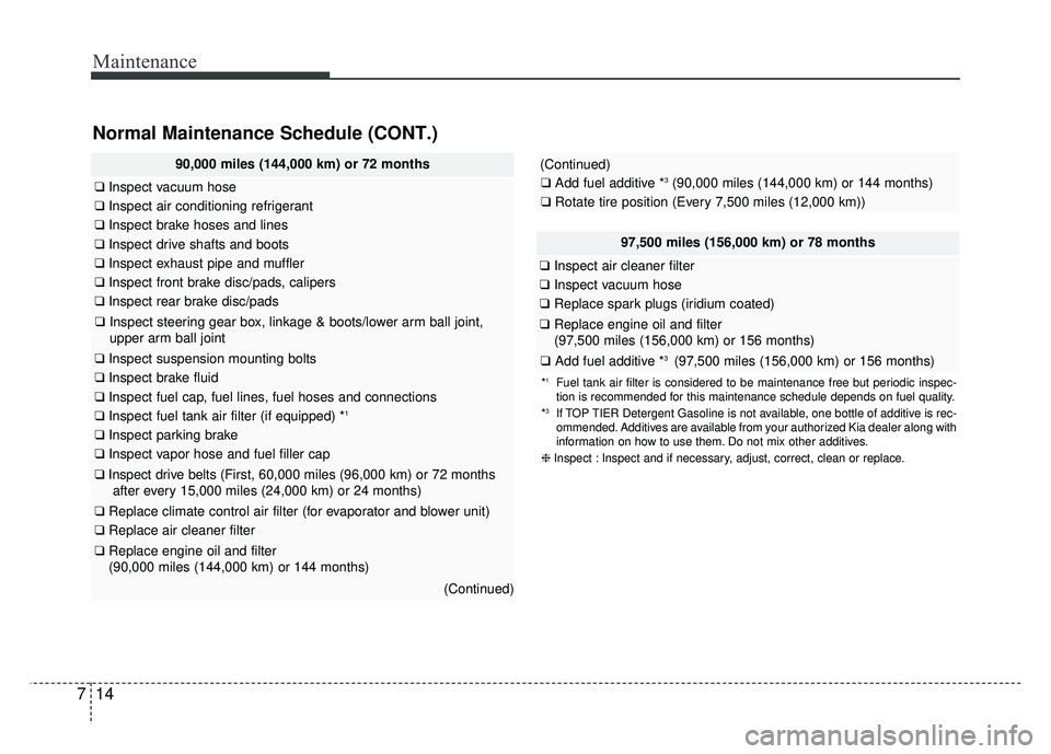 KIA CADENZA 2017 Owners Manual Maintenance
14
7
Normal Maintenance Schedule (CONT.)
97,500 miles (156,000 km) or 78 months
❑ Inspect air cleaner filter
❑Inspect vacuum hose
❑Replace spark plugs (iridium coated)
❑Replace eng KIA CADENZA 2017 Owners Manual Maintenance
14
7
Normal Maintenance Schedule (CONT.)
97,500 miles (156,000 km) or 78 months
❑ Inspect air cleaner filter
❑Inspect vacuum hose
❑Replace spark plugs (iridium coated)
❑Replace eng