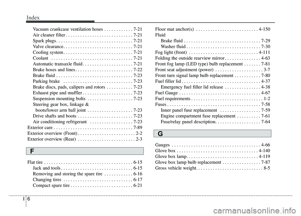 KIA CADENZA 2017 Owners Manual Index
6I
Vacuum crankcase ventilation hoses . . . . . . . . . . . . 7-21
Air cleaner filter . . . . . . . . . . . . . . . . . . . . . . . . . . . . 7-21
Spark plugs . . . . . . . . . . . . . . . . . . KIA CADENZA 2017 Owners Manual Index
6I
Vacuum crankcase ventilation hoses . . . . . . . . . . . . 7-21
Air cleaner filter . . . . . . . . . . . . . . . . . . . . . . . . . . . . 7-21
Spark plugs . . . . . . . . . . . . . . . . . .