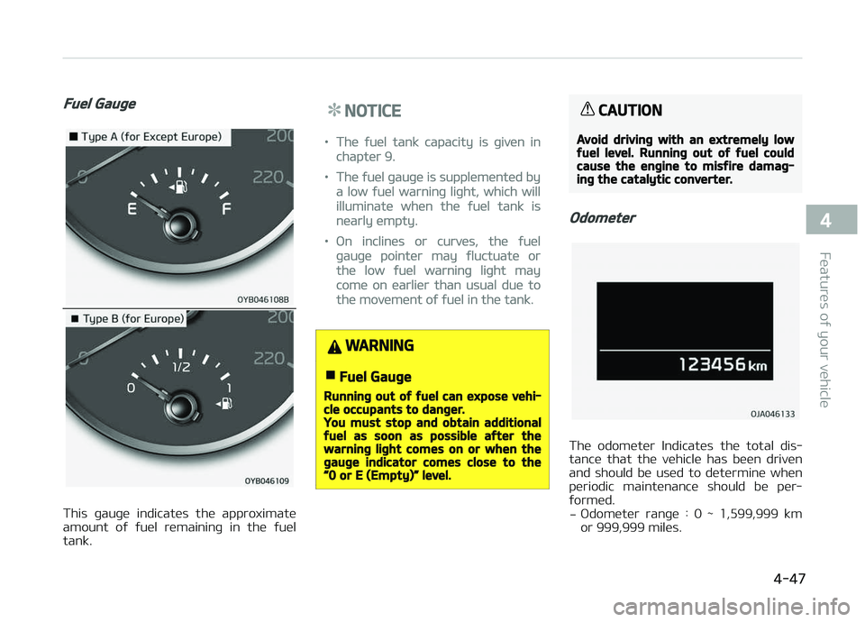 KIA PICANTO 2018  Owners Manual Fuel Gauþe
This  þauþe  indicates  the  approximate
amount  oý  ýuel  remaininþ  in  the  ýuel tank.
NOTICE
•The ýuel tank capacity is þiven in
chapter 9.
•The ýuel þauþe is supplement
