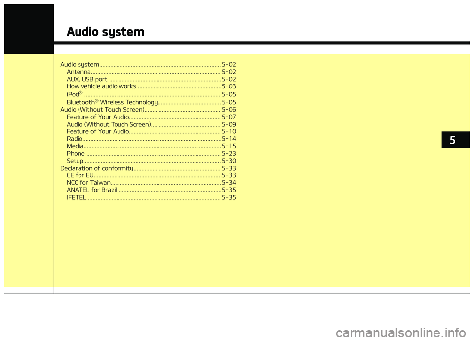 KIA PICANTO 2018  Owners Manual Audio system............................................................................. 5-02Antenna.................................................................................. 5-02 
AUX, USB p