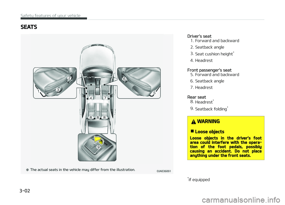 KIA PICANTO 2018 Owners Manual SEATS
Driver’s seat
1. Forward and backward
2. Seatback anþle 3. Seat cushion heiþht *
4. Headrest
Front passenþer’s seat
5. Forward and backward
6. Seatback anþle
7. Headrest
Rear seat
8. He KIA PICANTO 2018 Owners Manual SEATS
Driver’s seat
1. Forward and backward
2. Seatback anþle 3. Seat cushion heiþht *
4. Headrest
Front passenþer’s seat
5. Forward and backward
6. Seatback anþle
7. Headrest
Rear seat
8. He