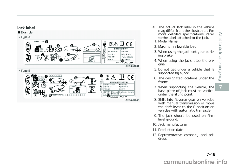 KIA PICANTO 2018  Owners Manual Jack label❈The  actual  Jack  label  in  the  vehicle
may diýýer ýrom the illustration. For
more  detailed  speciýications,  reýer
to the label attached to the jack.
1. Model Name 
2. Maximum a