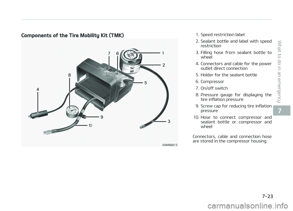 KIA PICANTO 2018  Owners Manual Components oý the Tire Mobility Kit (TMK)1. Speed restriction label 
2. Sealant  bottle  and  label  with  speedrestriction
3. Fillinþ  hose  ýrom  sealant  bottle  to wheel
4. Connectors and cable