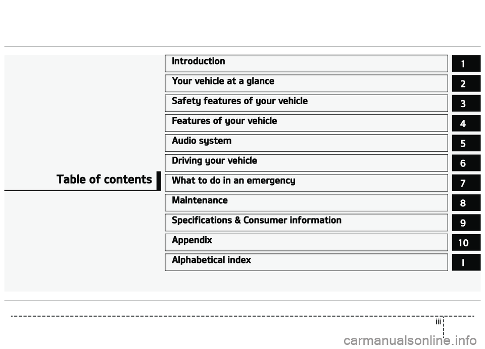 KIA PICANTO 2018  Owners Manual Table oý contents
Introduction1
Your vehicle at a þlance2
Saýety ýeatures oý your vehicle3
Features oý your vehicle4
Audio system5
Drivinþ your vehicle6
What to do in an emerþency7
Maintenance